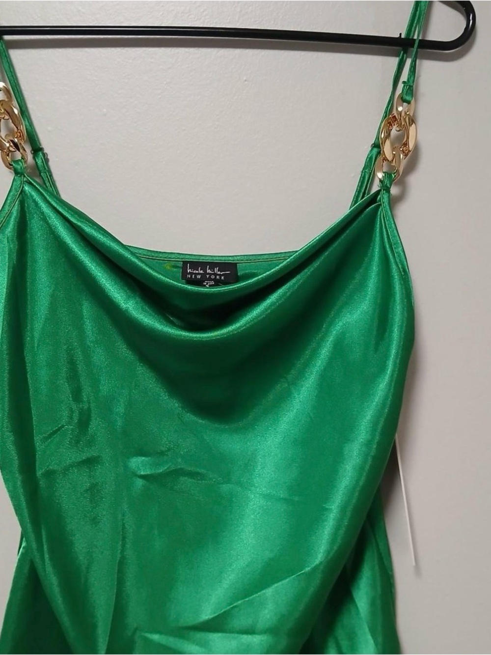Nicole Miller Green Satin Cowl Neck Camisole with Gold Chain Straps